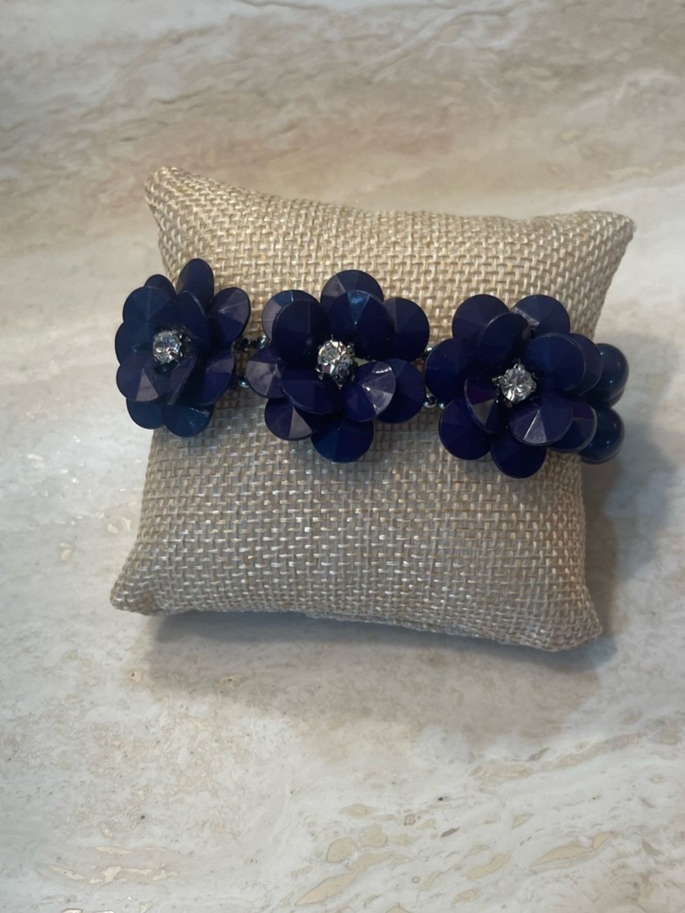 Blue Floral Cluster Bracelet with Rhinestone Centers